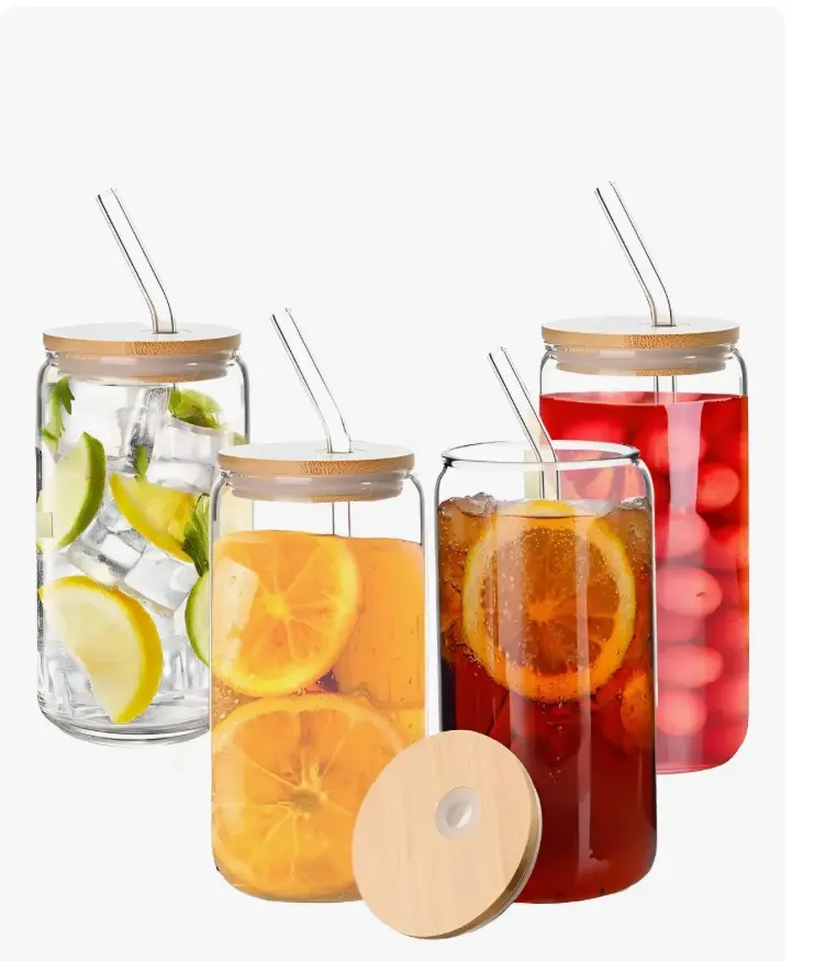 Vaso Lata de vidrio con tapa de bambu y popote
